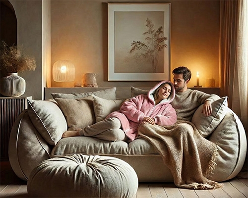 Couple blotti sur un canapé, plaids et lumière douce, ambiance cocooning pour une soirée de Saint-Valentin